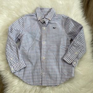 Vineyard Vines Boys Pink Blue Plaid Whale Button Down Long Sleeve Shirt 3T